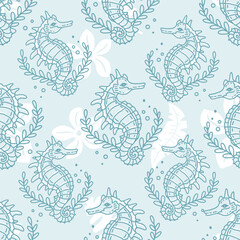 Seahorse. Vector seamless pattern with underwater ocean animal theme. Hand drawn outline illustration