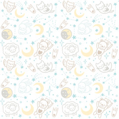 Sleeping animals - rabbits, bears, cats, owls, sheeps, Moon, stars. Seamless pattern with vector outline illustrations
