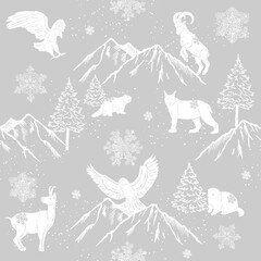 Mountains , trees , snowflakes , Eagle, goat, lynx. Seamless vector pattern with mountains animals. Hand drawn illustrations of winter theme