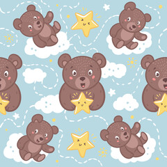 Baby bear in the sky with clouds and stars. Seamless pattern with vector illustration in childcare theme
