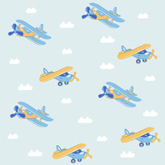 Old airplanes in the sky, seamless pattern with vector hand drawn illustrations
