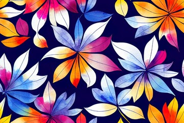 Seamless lovely digital watercolor abstract floral summer pattern with a bunch of leaves and flowers on a navy blue backdrop. Generative AI
