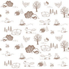 Winter animals in the forest, seamless pattern with vector hand drawn illustrations
