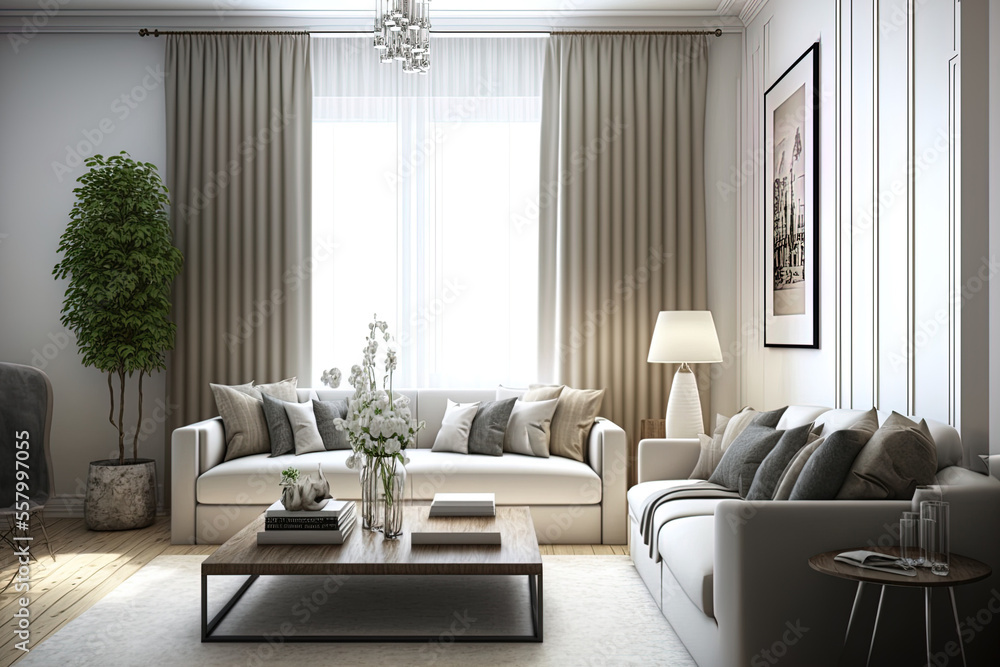 Sticker With a large light beige sofa and beige white curtains, this contemporary beige gray living room is decorated. Generative AI