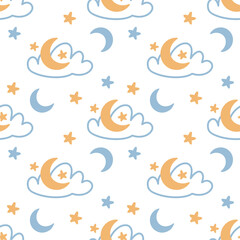 Clouds and moons, seamless pattern with vector hand drawn illustrations
