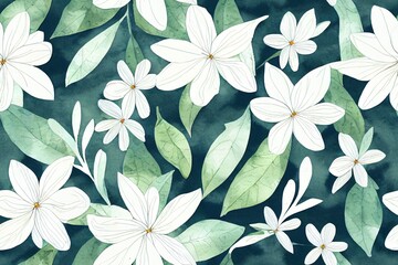 Watercolor flowers and leaves were created by hand and arranged in a seamless traditional style. Watercolor botanical background illustration Generative AI