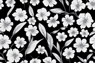 Flowers, bunnies, and butterflies all in one seamless design. Traditional botanical pattern. Blooms in the garden in the spring. It's all in black and white. Generative AI