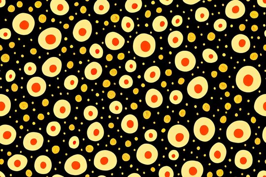 Dotted black backdrop with a seamless flower design. Cartoonish oil painting in the style of a illustration. Generative AI