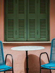 Architecture of Chania city, Greece., restaurant's table. 