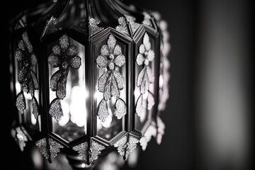 Close up black and white image of a sparkling glass surface. Luxurious chandelier's sparkling crystal hangings on a dark background. Vintage macro of a glass surface hexagonal background. Generative