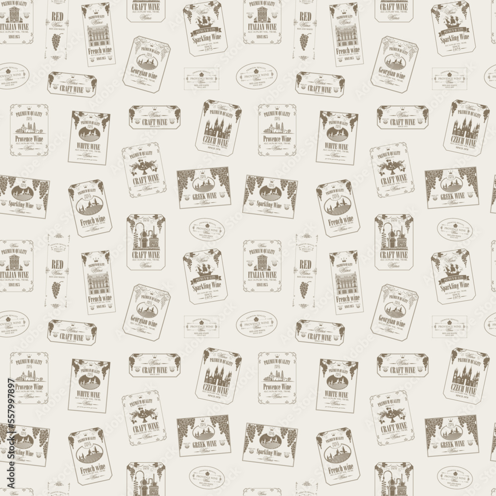 Poster vector seamless pattern on theme of wine with various wine labels with images of grapes, landscapes,