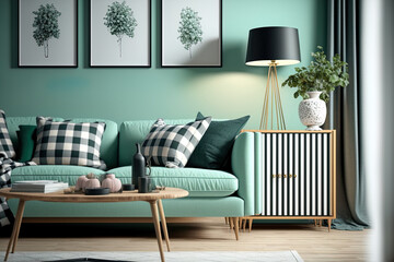 Modern mint sofa, wooden console, cube, coffee table, lamp, plant, mock up poster frame, pillows, plaid, decoration, and beautiful home decor accessories make up the stylish interior design of the liv