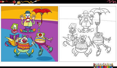 funny comic clowns characters group coloring page