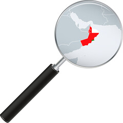 Oman map with flag in magnifying glass.
