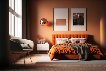 Modern orange toned light minimalist bedroom with a double bed, cushions, comforter, parquet, window, sofa, bedside table, lamp, carpet, and decors. Generative AI