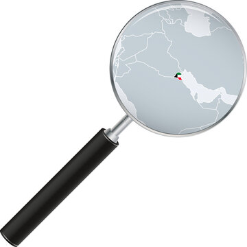 Kuwait map with flag in magnifying glass.