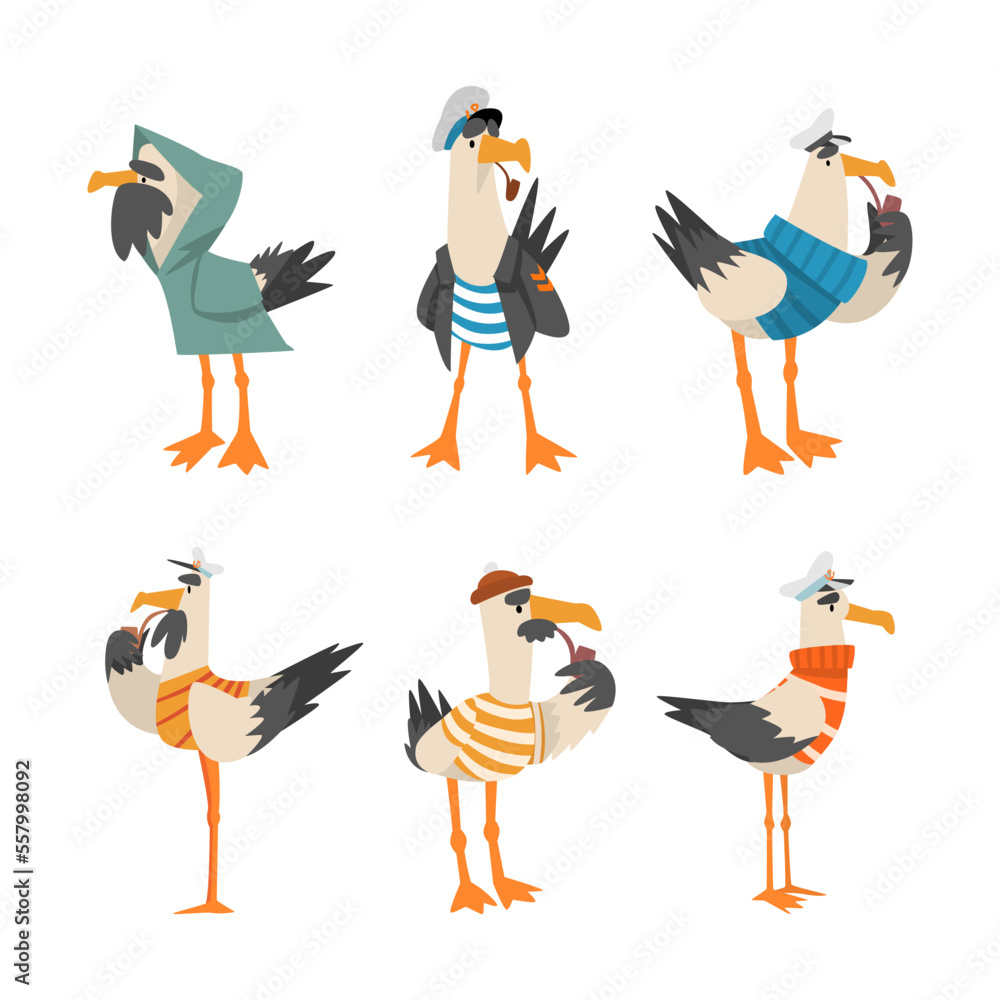 Poster Funny seagull captains set. Cute bird sailors characters in cap and striped clothes smoking pipe cartoon vector illustration