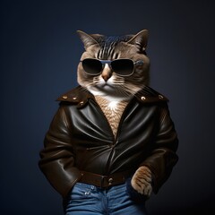 Portrait of macho cat wearing a brown leather jacket and stylish black sunglasses. Posing as a top gun actor. Artistic digital painting. Professional studio shooting. Generative AI illustration - obrazy, fototapety, plakaty