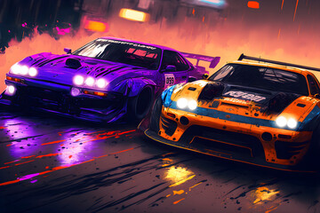 two sports cars right beside each other drift cars - obrazy, fototapety, plakaty