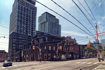 Toronto, Canada, Aug 5, 2022. Mishmash of tracks and cables in downtown core