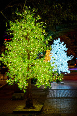 plastic trees illuminated with led bulbs in the middle of the park formed in rows. night decoration in the planetarium of Bogota in Colombia. plastic leaves glowing. colorful trees glowing in the nigh
