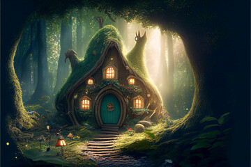 Imaginative illustration of cute fantasy cottage/house/dwelling in magic forest, generative ai, digital art