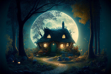 Fantasievolle Illustration von niedlichem Fantasy-Cottage/Haus/Wohnung im Zauberwald, generative ai, digitale Kunst © PostReality Media