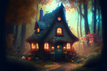 Fototapeta na wymiar Imaginative illustration of cute fantasy cottage/house/dwelling in magic forest, generative ai, digital art
