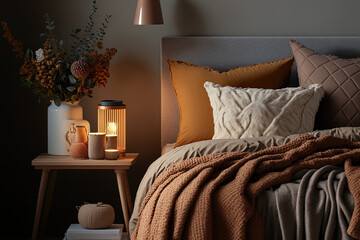 A cozy bedroom with stylish decor, a wooden bedside table, a pottery jar, a book, lovely bed linens, a blanket, pillows, and other personal items. Template. Generative AI - obrazy, fototapety, plakaty