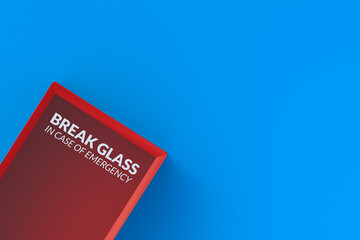 Empty emergency box with breakable glass in corner. Space for text. Top view. 3d render