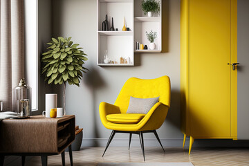 Illustration of a contemporary living room with a yellow armchair and Scandinavian furnishings. Generative AI
