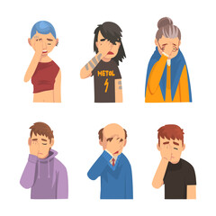 Different people showing facepalm gestures set. Men and women feeling disbelief, disappointment or shame and covering eyes with hand cartoon vector illustration