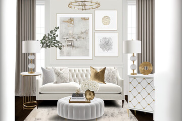 Furniture and decorations in the living room are white, tan, and gold. Generative AI