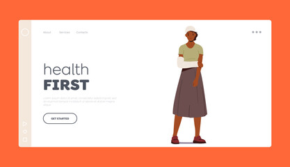 After Accident,Landing Page Template. Sad Black Woman with Broken Arm and Head in Gypsum Bandage Vector Illustration