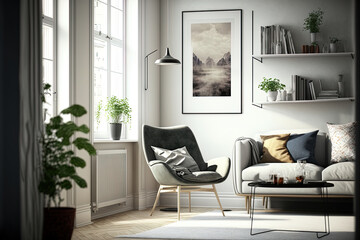 Interior of a mock poster frame in a living room. Scandinavian interior design. Generative AI