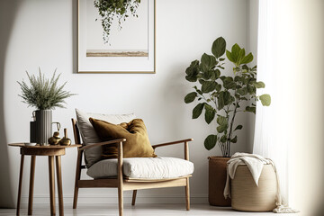 Elegant personal accessories and a wooden armchair and coffee table are included in this living room's stylish interior design. White wall with copy space. Template. Generative AI