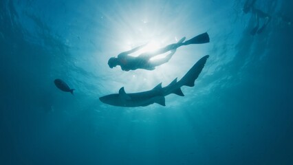 Woman dives and swims with the shark in a tropical sea in the Maldives