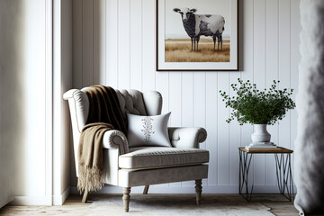 Obraz premium cozy interior of a farmhouse living room. Generative AI