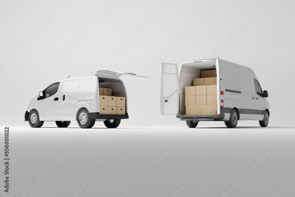 Sticker Two commercial delivery white vans with cardboard boxes on white background. Delivery order service company transportation box with vans truck. 3d rendering, 3d illustration.