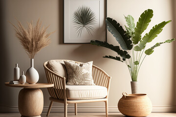 Living room with circular beige armchair, wooden side table, and palm leaf in vase with warm neutral interior wall mockup. as an example. Generative AI