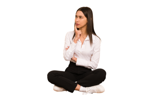 Young colombian woman sitting on the floor isolated looking sideways with doubtful and skeptical expression.