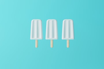 White ice lolly on an blue pastel background. Concept of summer, vacation. Cooling down on warm days. 3d rendering, 3d illustration.