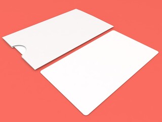 Business card blank mockup on red background. 3d render illustration.
