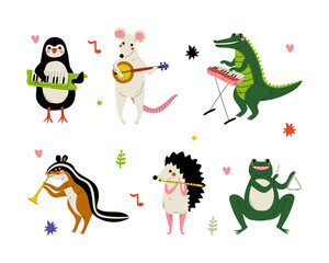 Obraz na płótnie Canvas Animals playing musical instruments set. Penguin, rat, crocodile, hedgehog, frog, chipmunk playing music cartoon vector illustration