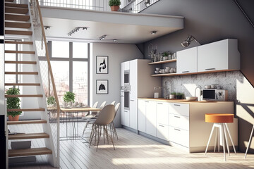 lovely contemporary loft with a kitchen view. Generative AI