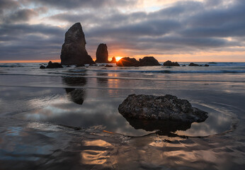 Seastacks at sunset along Bandon Beach in Bandon, Oregon