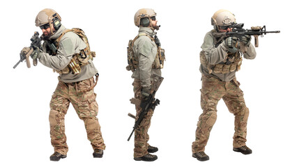 soldier in military equipment with a gun on a white background, a commando in uniform with a gun to...