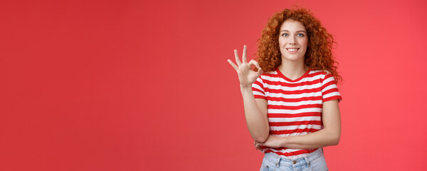 Excellent choice good. Attractive cheerful european redhead curly woman show okay ok approval...