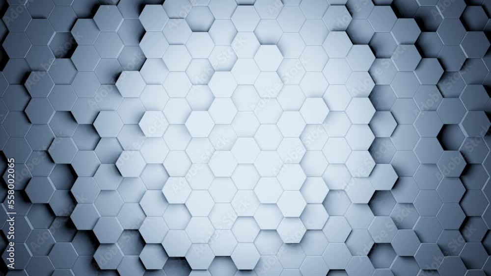 Poster Dark blue hexagon background. Abstract 3d geometric background. Loop animation. Modern geometric background. Side light. Hexagon moving shapes. 3d rendering.