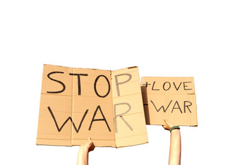 Two Cardboard Signs saying more love, less war and Stop War held by hands on a white background